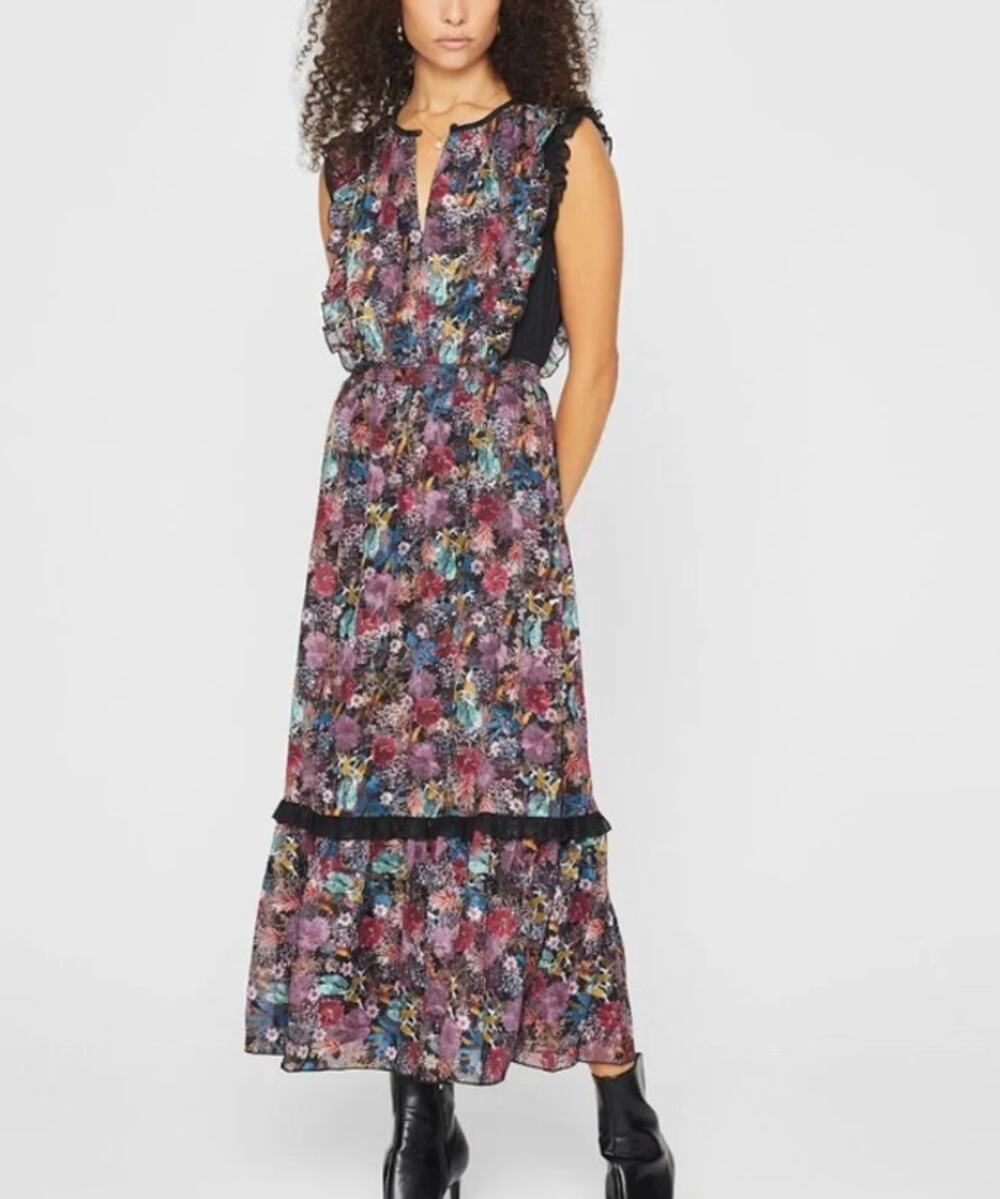 Club Monaco Garden Floral Maxi Dress Ruffle Sleeveless Boho Cottagecore Midi